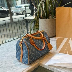 Louis Vuitton Blue Monogram Denim Speedy with Tan Trim